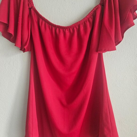 Tyche Boho red Off On shoulder Stretch festive Holiday Christmas sexy Shirt  S - Picture 2 of 6